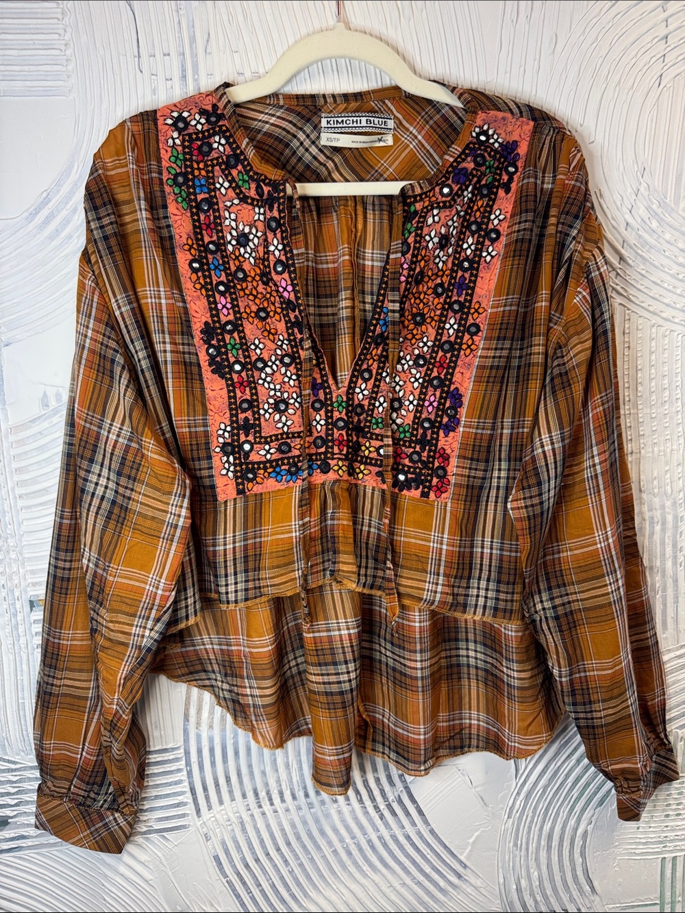 Kimchi BlueOversized Burnt Orange Plaid Cropped Tunic N0685
